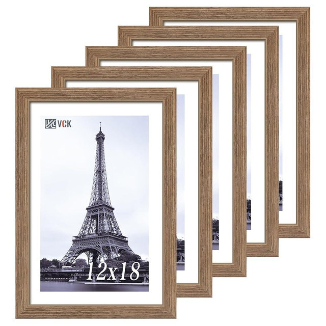 VCK 12x18 Frame 5 Pack - Brown Walnut, Natural Textured Solid Wood Poster Picture Frame, Wall Gallery Frame