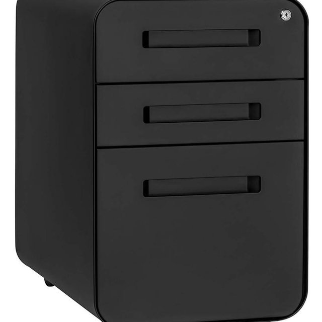 Laura Davidson Furniture STOCKPILE Curve Seated 3-Drawer Mobile File Cabinet with Removable Magnetic Cushion Seat - Metal Filing Cabinet, Pre-Assembled, Black with Dark Grey Cushion
