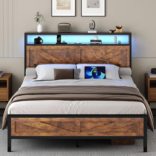 Queen Bed Frame with Headboard, Queen Bed Frames with Outlets and LED Lights, Rustic Bed Frame with Storage Headboard, Farmhouse Barn Door Design, Noise Free, No Box Spring Needed, Rustic Brown