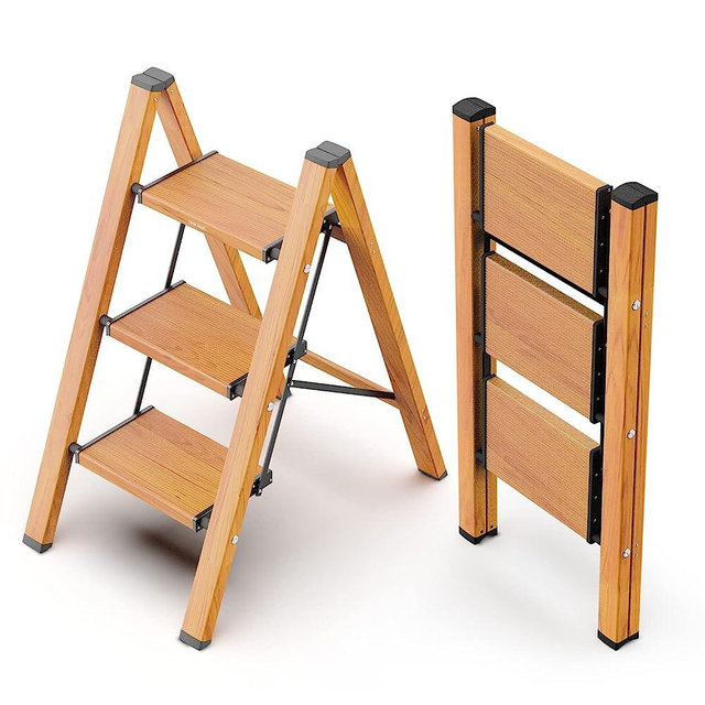 WOA WOA 3 Step Ladder, Lightweight Aluminum Stepladder with Wide Pedal, Anti-Slip Portable Folding Ladders, Multi-Use Step Stool for Home Kitchen Office 330lbs - Wood Grain