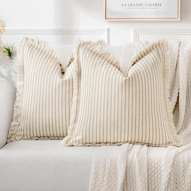 MIULEE Pack of 2 Khaki Pillow Covers 24x24 Inch Striped Farmhouse Couch Throw Pillow Covers with Fringe Chic Linen Decorative Cushion Eruo Sham for Sofa Living Room Bed Outdoor Home Decor