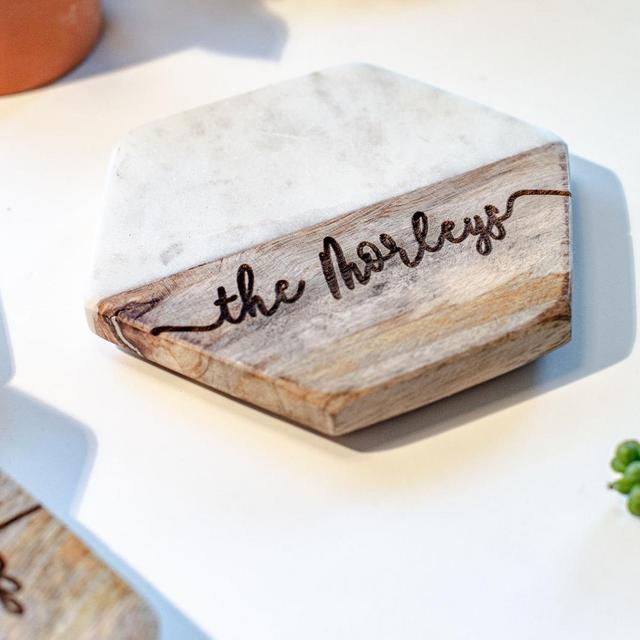 Personalized Coasters, Set of 4, Wood and Marble Coasters, Custom Coasters, Engraved Coasters, Housewarming Gift, Wedding Gift, Mother’s Day