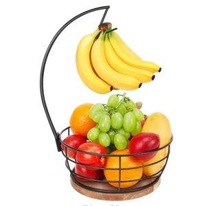 Countertop Fruit Basket Bowl with Banana Hanger (Round Wood, Black)