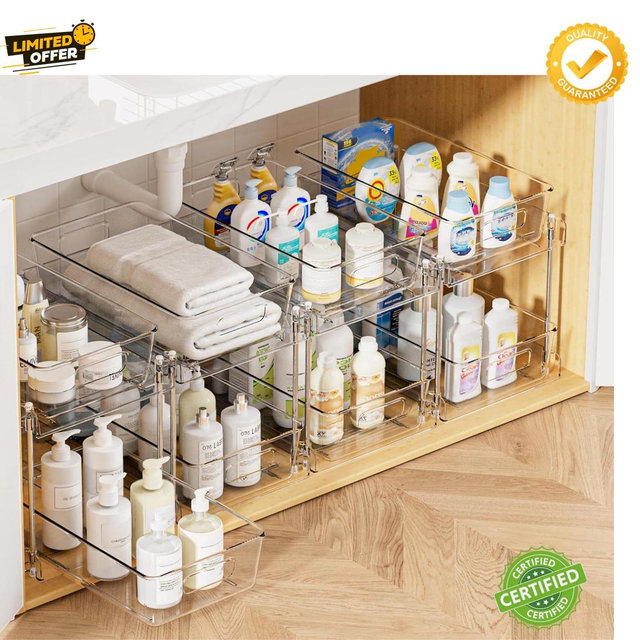 4 Pack Clear 2 Tier Under Sink Organizers with Pull Out Drawers for Bathroom Kitchen Pantry Cabinet Countertop Storage Bins **FAST SHIPPING*