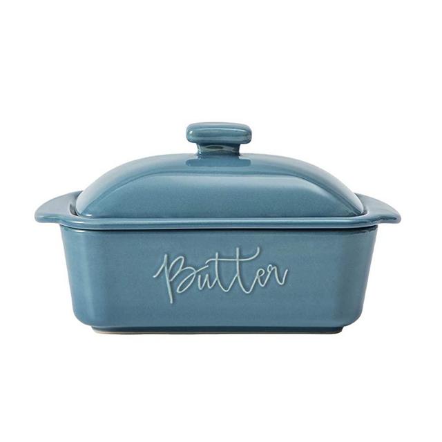 FE Butter Dish, 10 oz Ceramic Butter Keeper with Water Line, French Butter Dish with Lid for Countertop (Blue)
