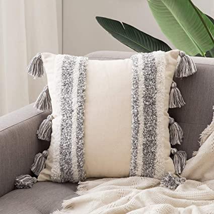 MIULEE Decorative Throw Pillow Cover Tribal Boho Woven Tufted Pillowcase with Tassels Super Soft Square Pillow Sham Pillowcase Cushion Case for Sofa Couch Bedroom Car Living Room 18X18 Inch Grey