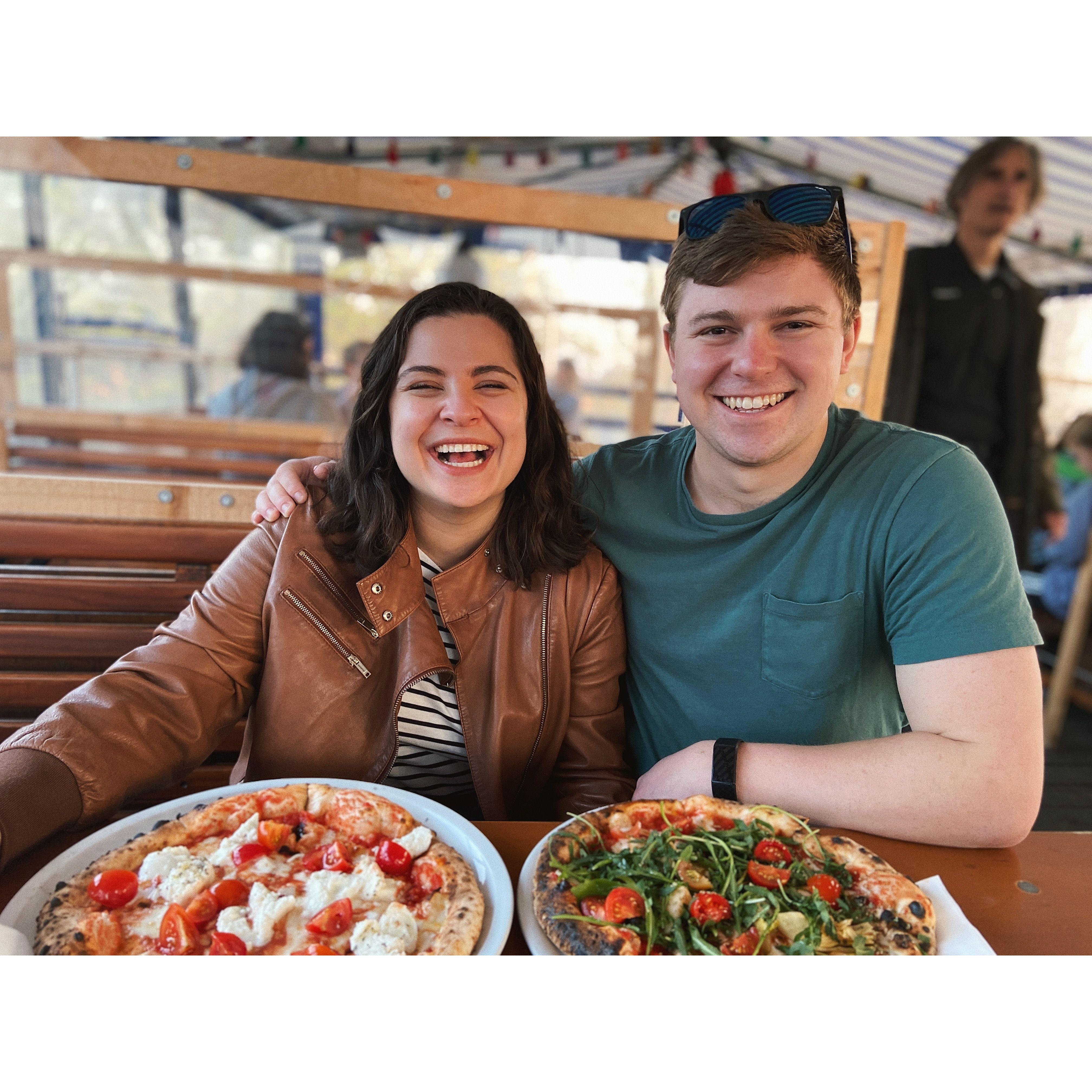 Pizza in an old boat that was transformed into a food market in Munich