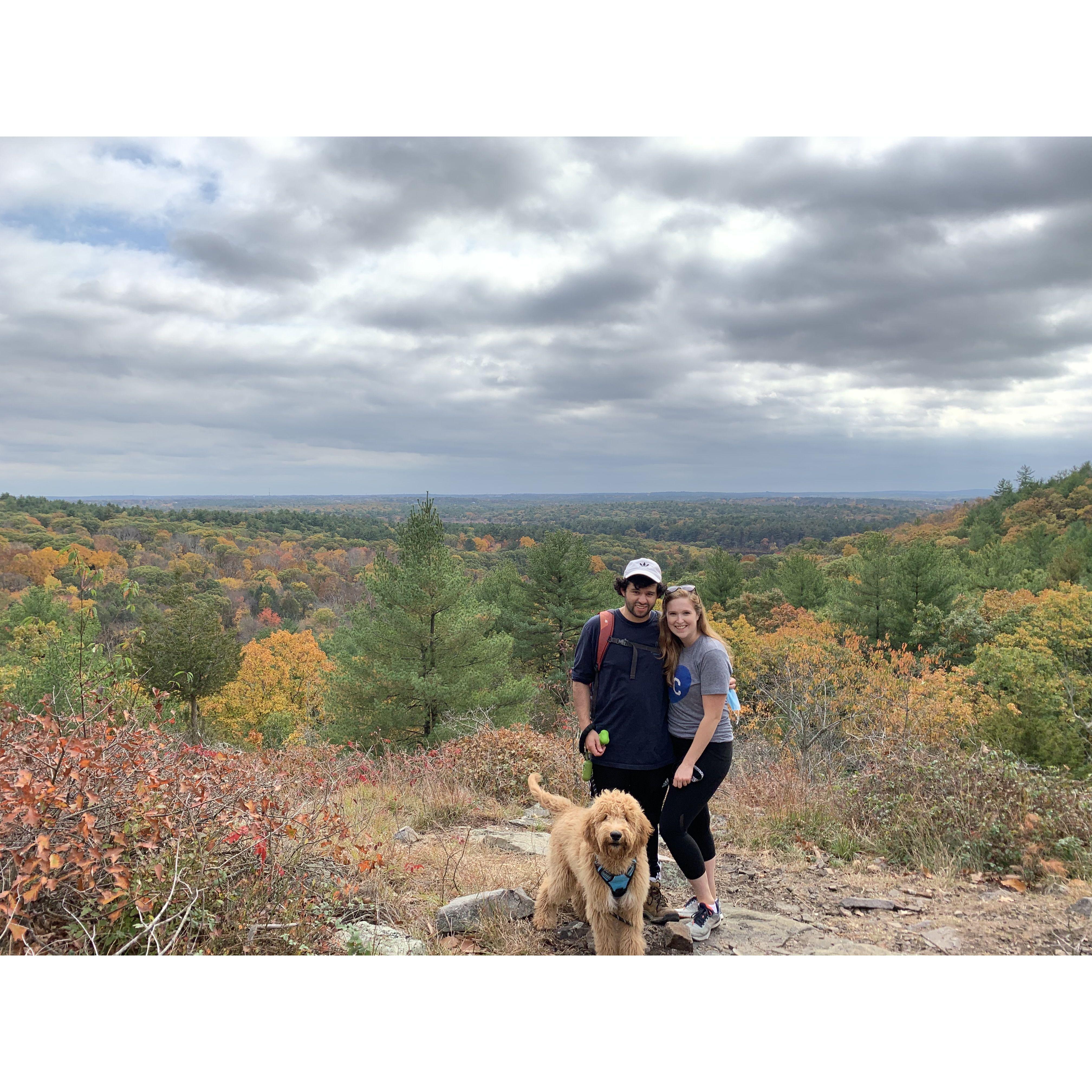 Hiking in Boston with our puppy Rex in 2020.