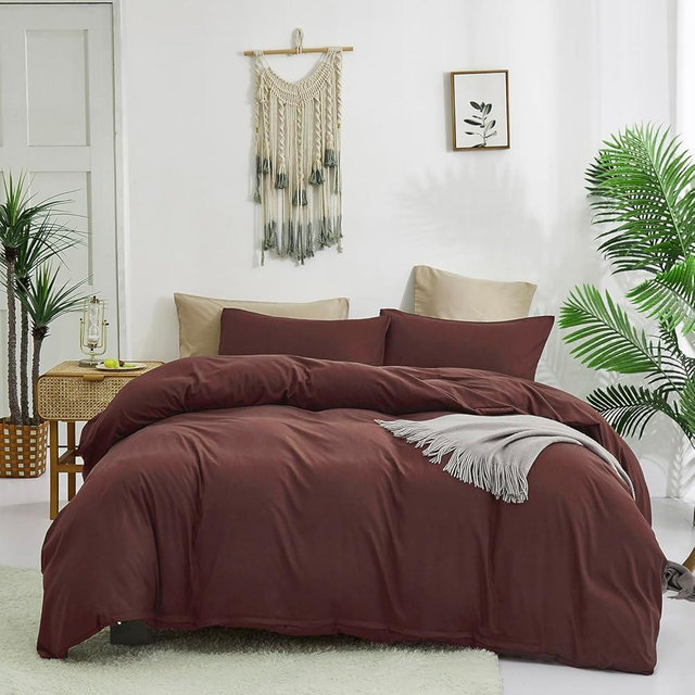 KAREVER Brick Red Comforter Set King Clay Red Color Bedding Set 3 Pieces Brown Marsala Color Women Blanket Set Solid Brick Red Comforter Set King Dark Red Blanket Set Girls Comforter Set
