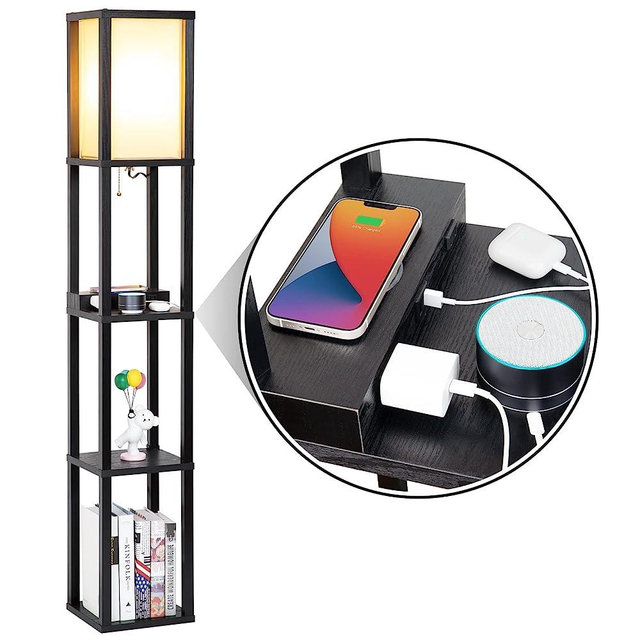 Mlambert Modern LED Shelf Floor Lamp with Wireless Charger & 2 Fast Charging USB Ports & 2 Power Outlets, 3 Tier Storage Display Standing Lamp Narrow Corner Light for Bedroom Living Room(Black)