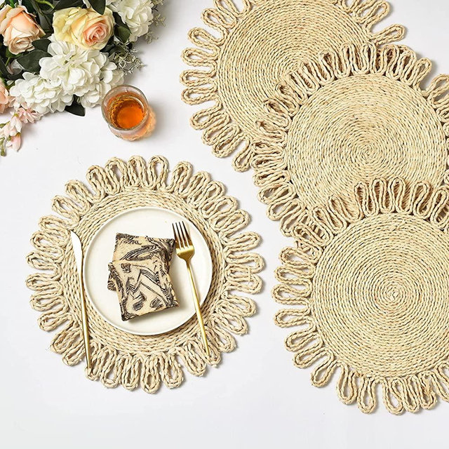 IcosaMro Round Woven Placemats for Dining Table Set of 6 Small Natural Braided Rattan Tablemat Flower Wicker Charger Plates for Holiday Christmas Kitchen Table Mat, Beige, 12.5 Inches