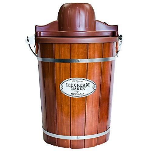 Nostalgia ICMP600WD Electric Bucket Ice Cream Maker With Easy-Carry Handle, Makes 6-Quarts in Minutes, Frozen Yogurt, Gelato, Made From Real Wood, Brown