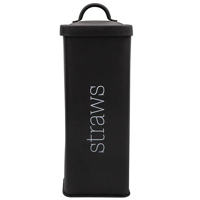AuldHome Farmhouse Enamelware Straw Holder (Black); Retro Metal Straw Storage Canister