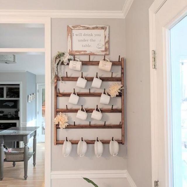 Wood Mug Rack Display, Custom Wall Racks, Rustic Home Decor, Farmhouse Decor, Kitchen Organizers, mug rack
