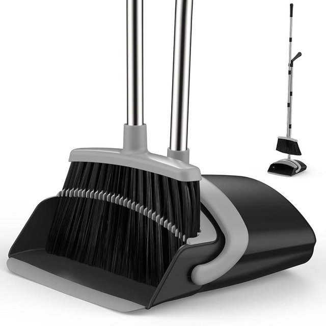 EZKEY Broom and Dustpan Set for Home, 51-in Long Adjustable Handle Angle Broom and Dustpan Combo Set with Dust Pan Teeth to Clean Hair for Home Kitchen Office Lobby Floor Garden (Black&Grey)