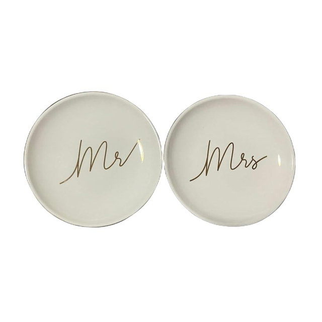 OIWTLIFE Mr and Mrs Ring Dish MR&MRS Jewelry Dishes Ceramic Jewelry Holder 2PCS Round Shape Ring Holder for Wedding Engagement Valentine's Day Gift, 3.8Inches