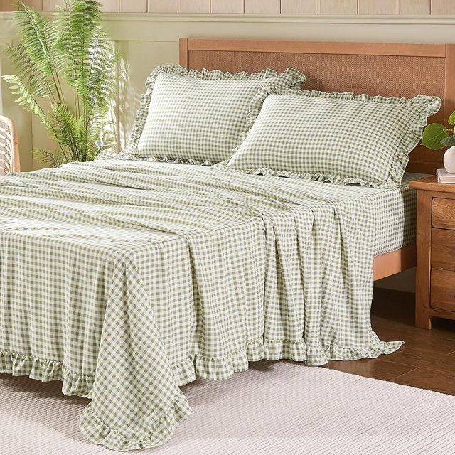 kisswish Gingham Full Sheet Set, Lightweight Super Soft Brushed Microfiber Plaid Bed Sheets with 16" Deep Pocket, 4 Piece Ruffle Farmhouse Bedroom Decor, Sage Green