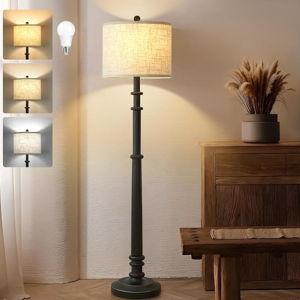 Floor Lamps for Living Room - 60" New Upgrade Resin Farmhouse Floor Lamp with 3 Color Temperatures - Vintage Standing Lamp Reading Light with Linen Shade Retro Tall Lamp for Bedroom Office, Black-Resin