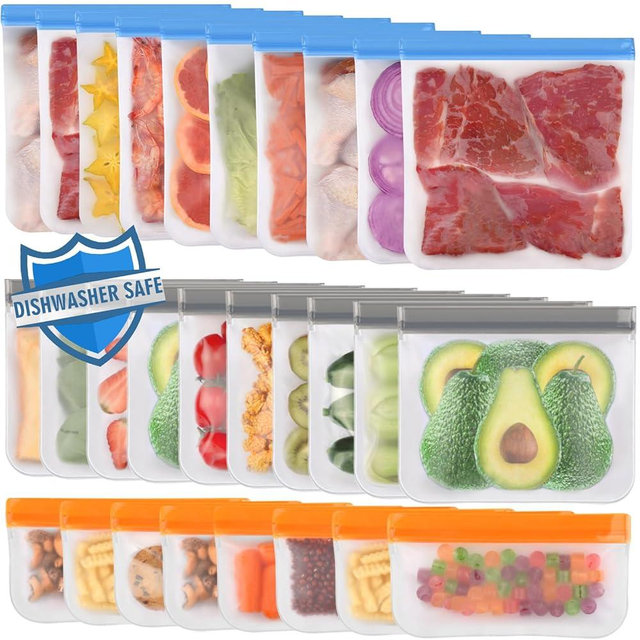 Lerine 28 Pack Dishwasher Safe Reusable Bags Silicone, Extra Thick Leakproof Reusable Freezer Bags, BPA Free Reusable Food Storage Bags for Lunch Meat Veggies - 10 Gallon 10 Sandwich 8 Snack Bags