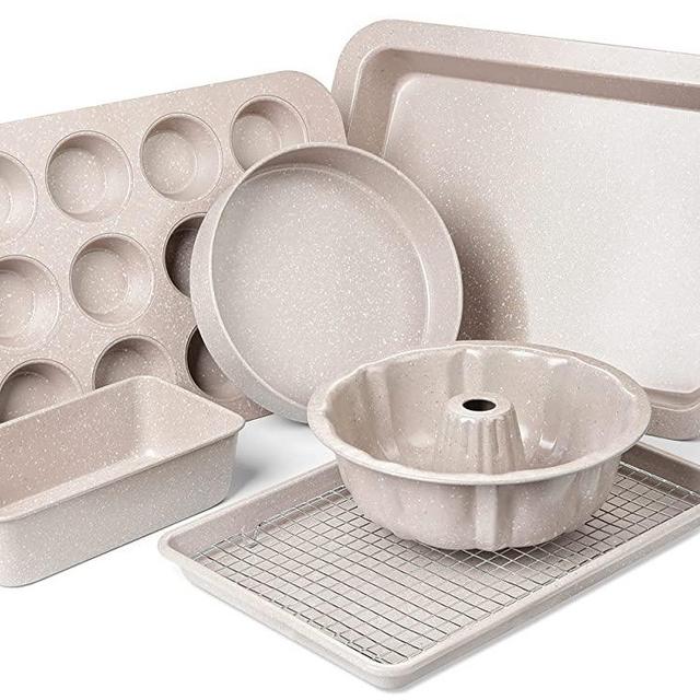 Nonstick Baking Pans Set - Bakeware Set Baking Sheets For Oven, 7 PCS Stackable Baking Set w/ Cookie Sheet, Cake Pan, Loaf Pan, Muffin Pan, Roaster Pan, Cooling Rack, PTFE & PFOA Free Baking Supplies