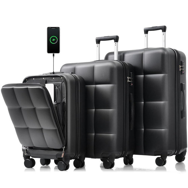 Merax Front-Opening Suitcase Sets with USB Port ABS Hardshell Carry On Luggage with Cup Holder, Jet Black, 20/24/28 in