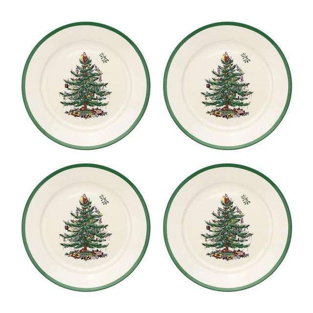 Spode Christmas Tree Collection Luncheon Plate, set of 4, 9 Inch, Ceramic, White/Green, Pasta & Salad Plate Set, Holiday Dishes, Dishwasher and Microwave Safe
