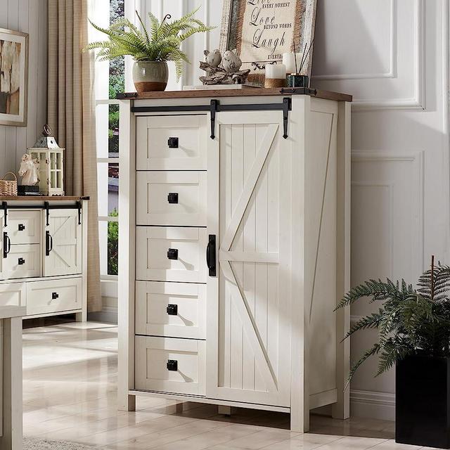 T4TREAM 5 Drawers Dresser for Bedroom w/Sliding Barn Door, Farmhouse Modern Tall Dresser 5 Chest of Drawers, Storage Organizer Dresser for Bedroom, Hallway, Living Room, Kids Room, Antique White