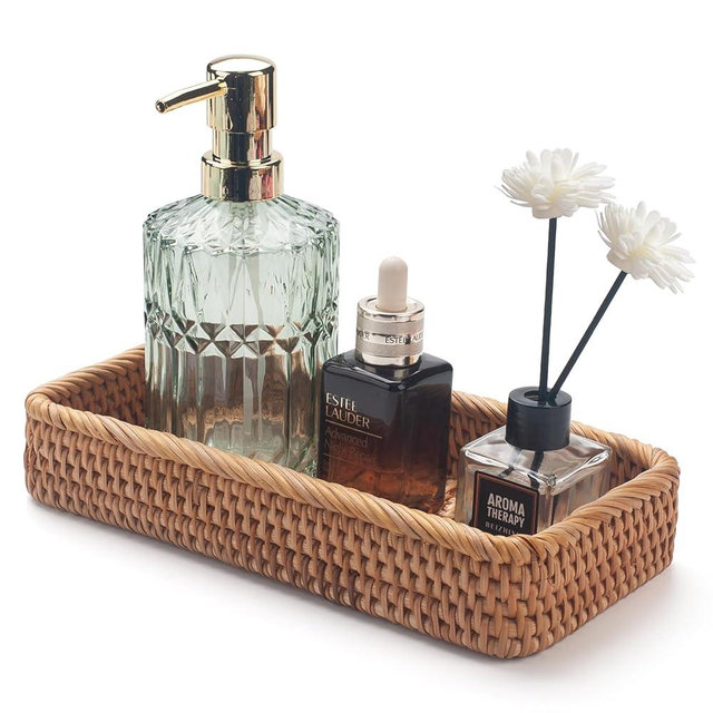 Rattan Bathroom Vanity Tray, Toilet Tank Tray, Toilet Basket Tank Topper, Bathroom Basket for Organizing and Decor (Natural, 10.2" x 4.9" x 1.8")