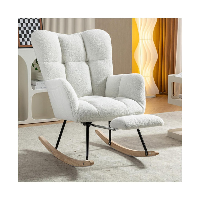 Streamdale Teddy Fabric Rocking Chair With Adjustable Footrest,Ivory