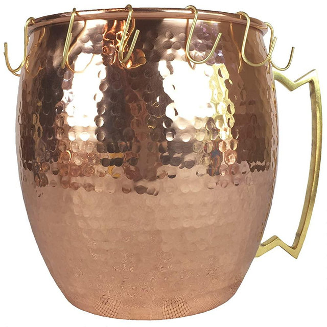 Hammered Copper Kitchen Utensil Holder (Solid not plated) - Large Utensil Crock with 10 Hooks (7.5 W by 8.27 H inches) - Copper Kitchen Decor Item