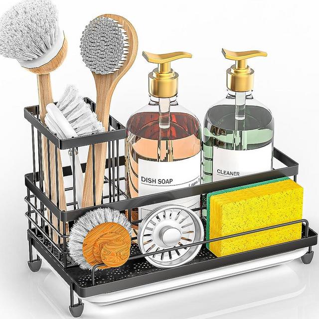 Cisily Sink Caddy Kitchen Sink Organizer, Sponge Holder for Kitchen Sink with Removable Drip Tray for Countertop Dish Soap Holder Dispenser Higher Brush Holder, 304 Stainless Steel Cocina Accesorios