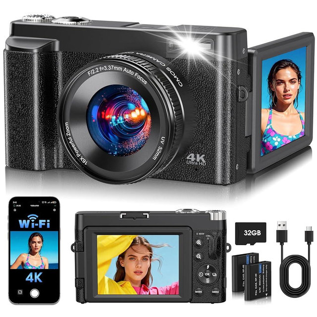 4K Digital Camera for Photography, 2026 Latest WiFi 64MP Vlogging Camera for YouTube with 180° flip Screen, Autofocus Anti-Shake, 16X Zoom, Compact Travel Camera, 32GB Card, 2 Batteries, Black