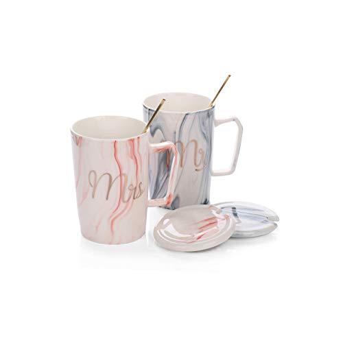 Grature Couples Mr and Mrs Coffee Mug Gift Set| His and Hers Bride and Groom Newlywed Wedding Present| Unique and Cute Bridal Shower, Engagement, Registry or Anniversary Idea| Marble & Gold Lettering