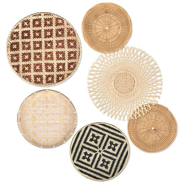 b.spoke Hanging Wall Basket Decor – Set of 6 Handmade Decorative Boho Woven Wall Baskets - Round Natural Bamboo, Rattan, Wicker Wall Decor for Your Home