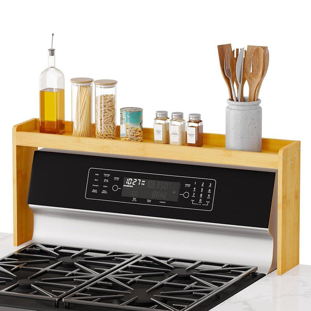 SpaceAid Bamboo Over the Stove Spice Holder Shelf, 31.5" Kitchen Organizer Stove Spice Top Rack, 11.6" Height Countertop Storage, Over Oven Back Sink Organization Shelf, Natural
