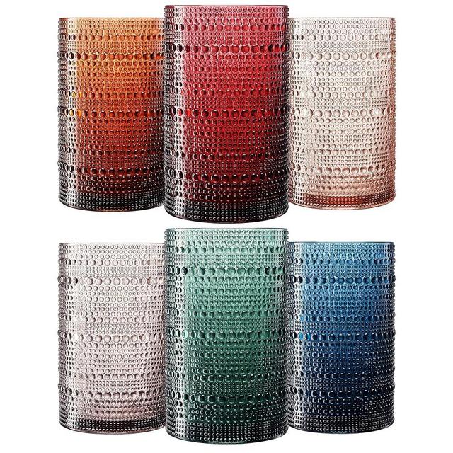 Classic Reusable Plastic Drinking Glasses, Hobnail Design, Shatterproof | 6 Set | Muted Tritan Highball, Acrylic Unbreakable Beaded Cups, Dishwasher Safe 13oz, Kitchen Cups, BPA-free, Indoor, Outdoor
