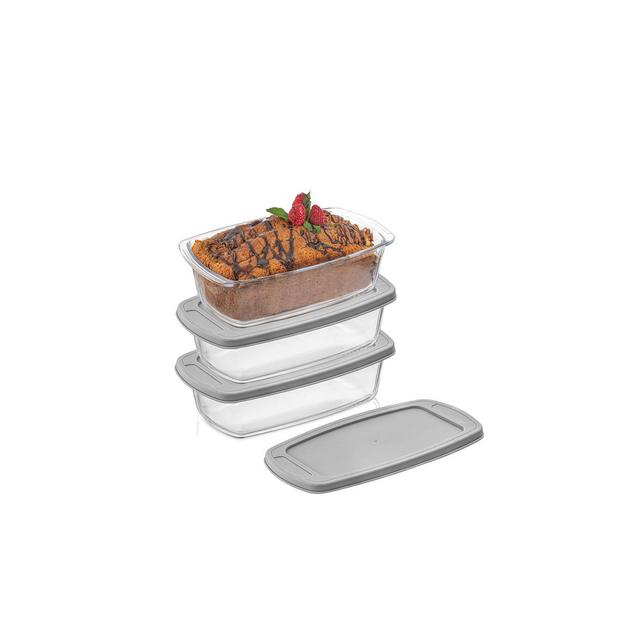 JoyJolt Glass Bakeware Containers for Loaf, Bread, Cakes Pans Baking Containers with Lids - Set of 3 - Grey