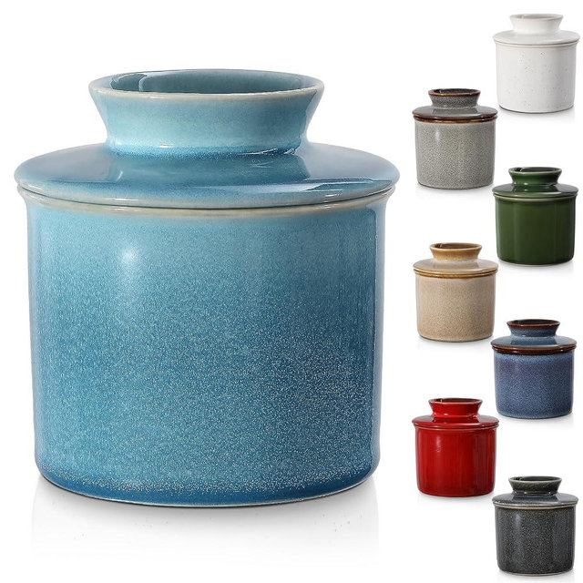 Peacock Blue French Butter Dish,Handmade Reactive Glaze Ceramic Butter Crock with Water Line for Speradable Fresh Butter