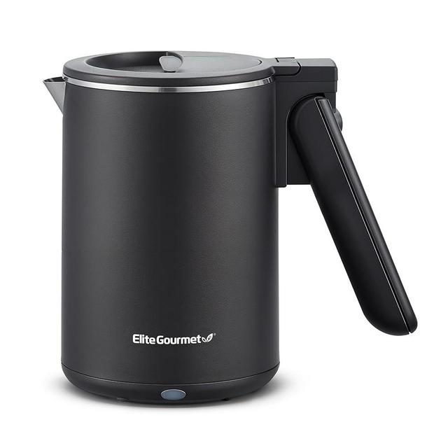 Elite Gourmet EKT719 Dual Volt 120-230V, Travel Double Wall Insulated Cool-Touch, 0.6L Electric Kettle, Stainless Steel Interior, Hinged-Locking Lid, Retractable Handle, Auto Shut-Off, Boil Dry, Black