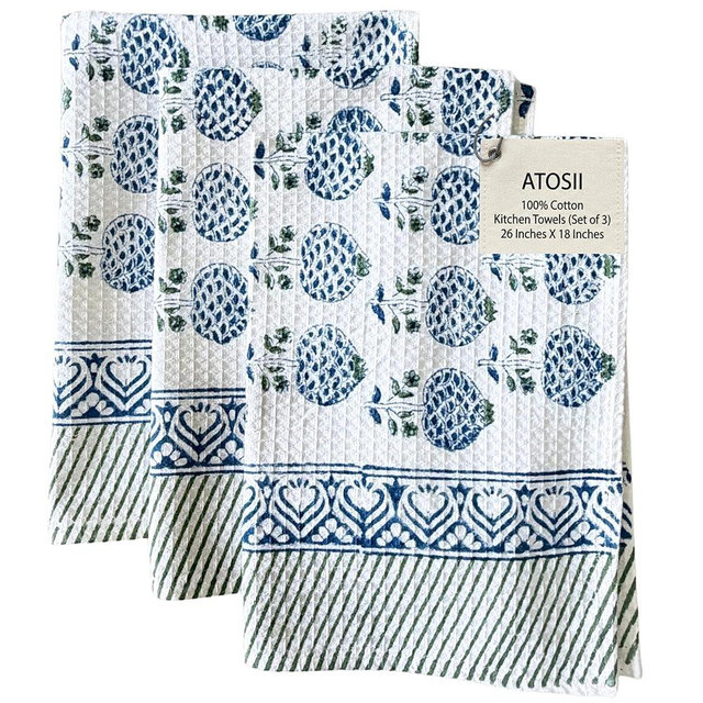 ATOSII 100% Cotton Hand Block Print Waffle Kitchen Towel, Set of 3, 18 x 26 Inches Ultra Absorbent Quick Dry Dish Towels, Lightweight Reusable Sustainable Tea Towels for Cleaning and Drying, Roma Blue