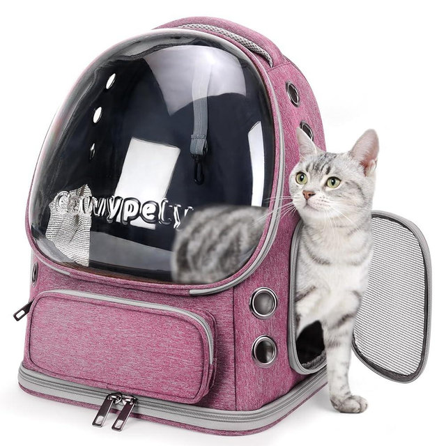 Cawypety Cat Backpack Carrier, Breathable Cat Carrier Large Space Bubble Pet Backpack for Kitty Small Dog up to 12lbs, Transparent & Foldable Pet Carrier for Travel Hiking（Pink）