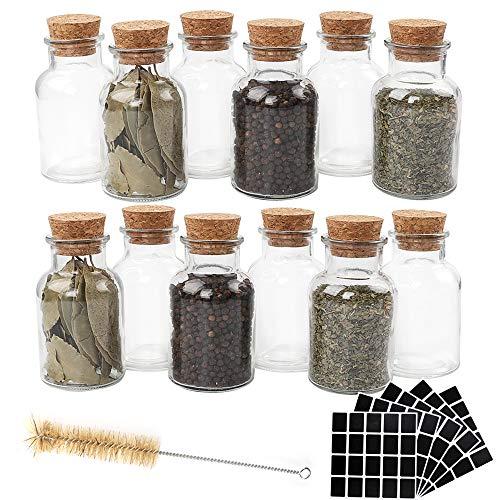 CUCUMI 12pcs 150ml Glass Spice Jars Reusable Spice Jars Bottles Glass Containers with Cork 100pcs Blank Square Stickers 1pcs Test Tube Brush for Storing Tea Herbs and Spices