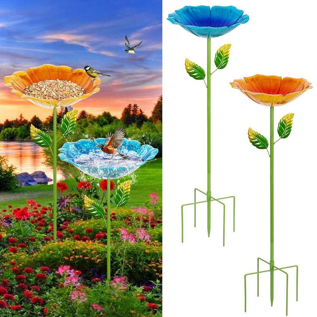 Retyion 2 Pack Bird Baths for Outdoors, Colorful Metal Bird Bath for Outside, Hummingbird Bath with Five Stakes, Garden Flower Small Birdbath for Garden Decor, 31.3" H x 10.63" Dia (Blue,Yellow)