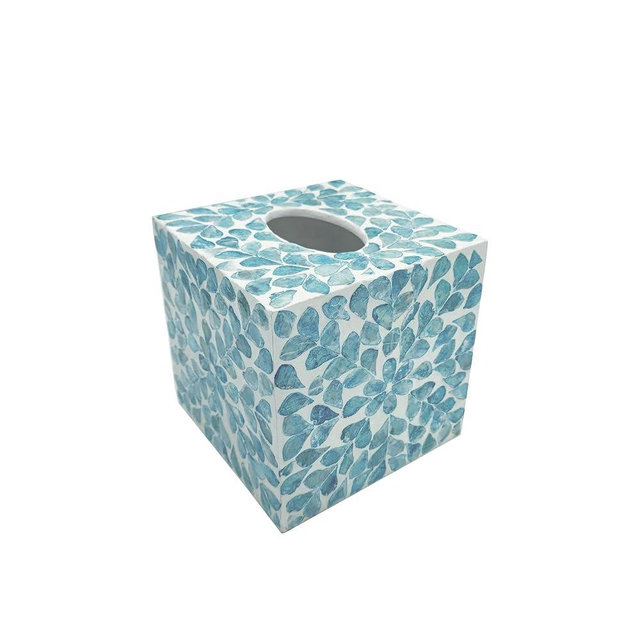 PEMAR Decorative Tissue Box Cover, 5.5” Cube Wooden Tissue Holder with Capiz Shell Inlay, Farmhouse Rustic Napkin Dispenser for Bathroom, Living Room, Kitchen, Office (Teal Vines (Standard 5.5"))