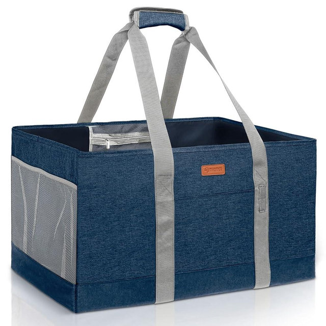 MHOMER Reusable Grocery Bags Extra Waterproof Large Utility Tote Bag with Carrying Handles Foldable Shopping Bags for Storage Space Saving Reinforced Bottom Durable Oxford Fabric Blue