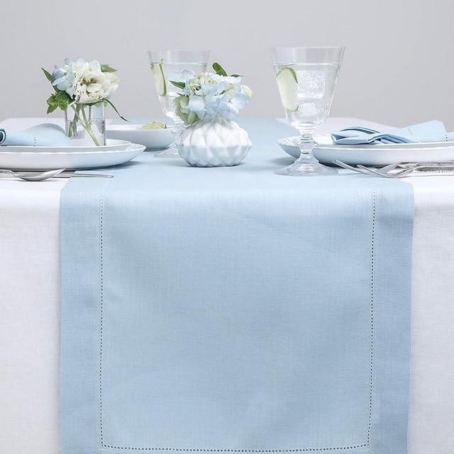 Solino Home Linen Sky Blue Table Runner 36 Inches - Classic Hemstitch, 100% Pure Linen Coffee Table Runner 14 x 36 Inch Ideal for Dresser Tables - Summer