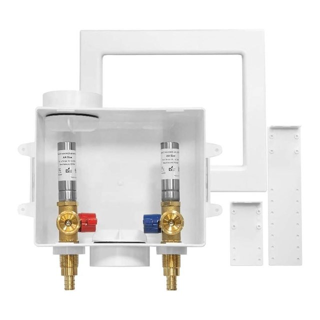 GUOFIS Washing Machine Outlet Box with Stainless Steel Water Hammer Arrestor,1/2 Inch PEX Inlet x 3/4 Inch MHT Outlet Connection Laundry Outlet Boxes,Washer Plumbing Box with Center Drain(WM007)