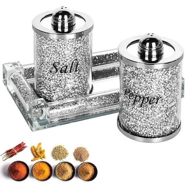 Crystal Salt and Pepper Shakers Set with Tray,Sparkly Crystal Crushed Diamond House Decor for Kitchen,Bling Salt Pepper Jar Container Pot for Countertop,saleros para cocina elegantes,Silver