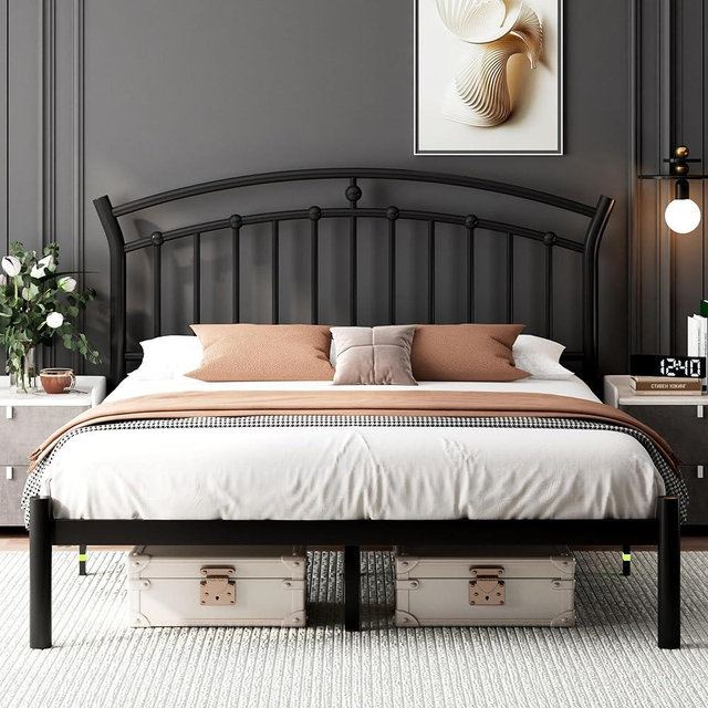 Feonase Queen Size Metal Platform Bed Frame with Retro Headboard, Hardened Steel Tube, 12" Under-Bed Storage, No Box Spring Needed, Easy Assembly, Black