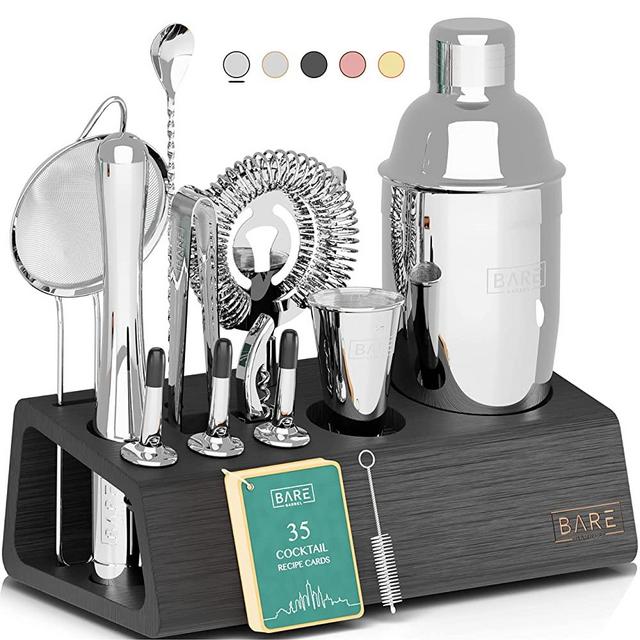 Bartender Kit | 14-Piece Cocktail Shaker Set with Bamboo Stand Great for Home Drink Mixing | Cobbler Bar Set Made of Rustproof Stainless Steel Tools | Recipe Cards Included (Black on Silver)
